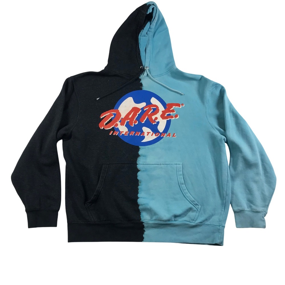 DARE International Split Hoodie Black Blue Two Tone Graphic Sweatshirt Mens M
